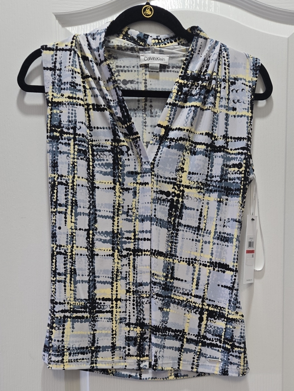Calvin Klein White Plaid Sleeveless V-Neck Top with Blue and Yellow Accents